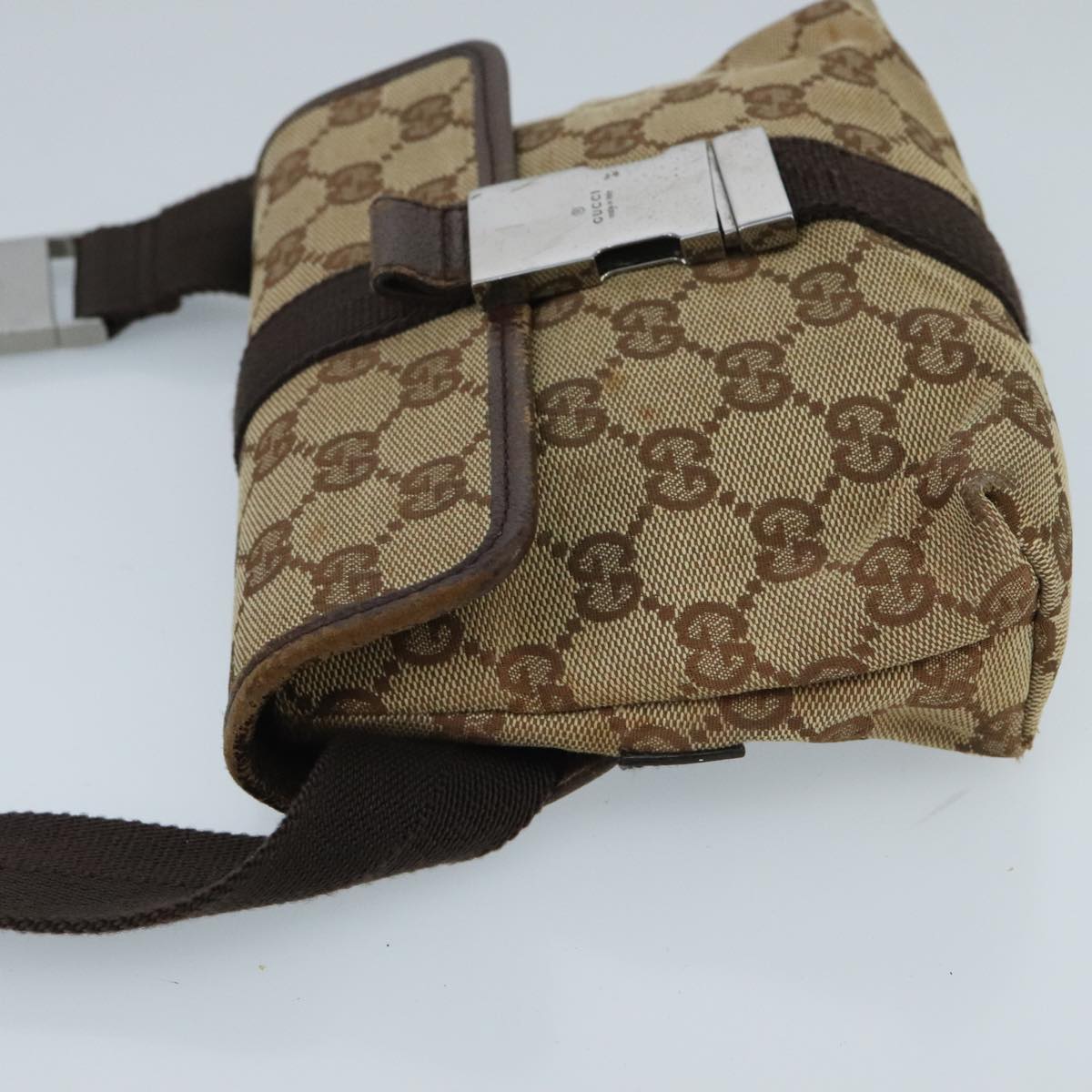 GUCCI GG Canvas Waist bag Beige Silver Auth mr648