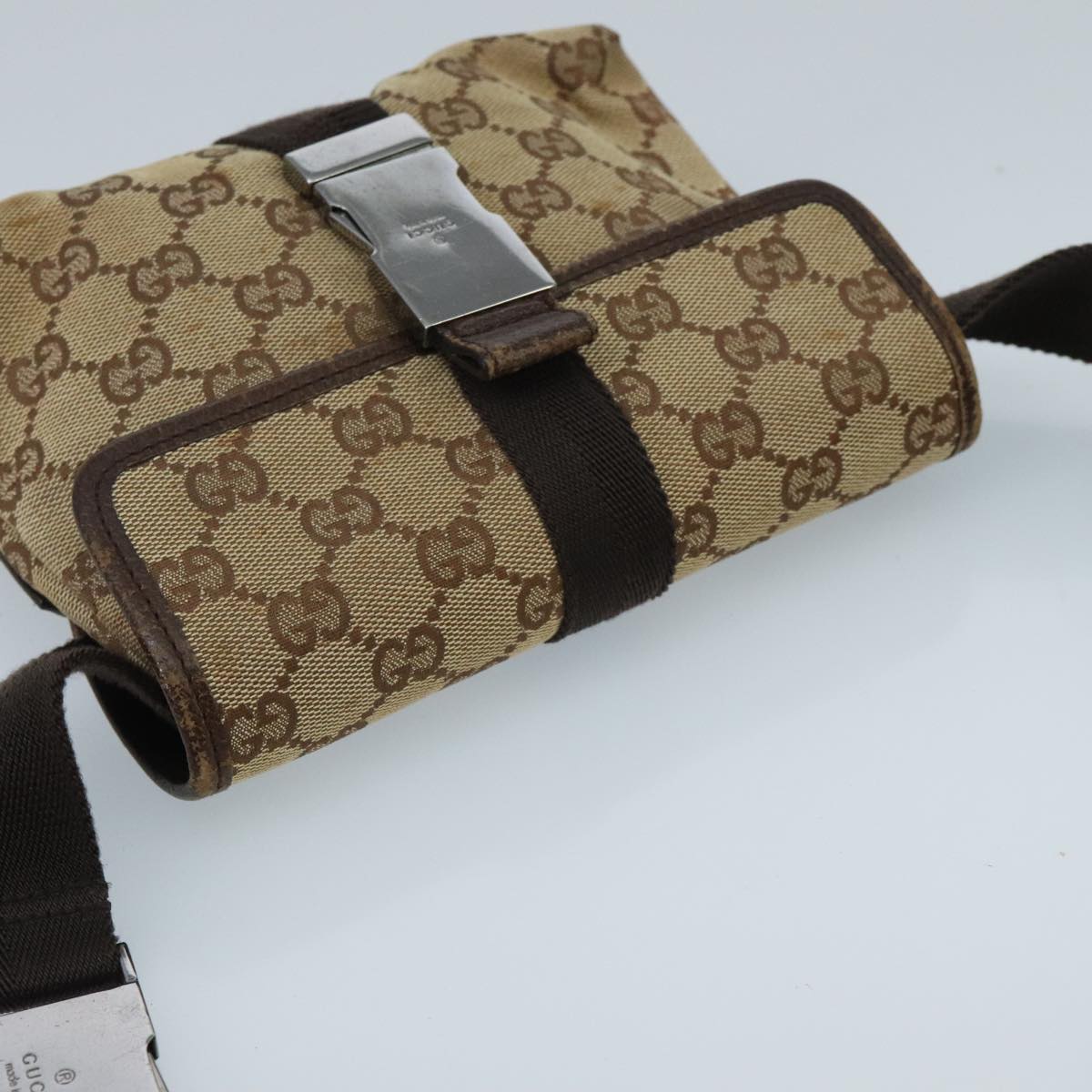 GUCCI GG Canvas Waist bag Beige Silver Auth mr648