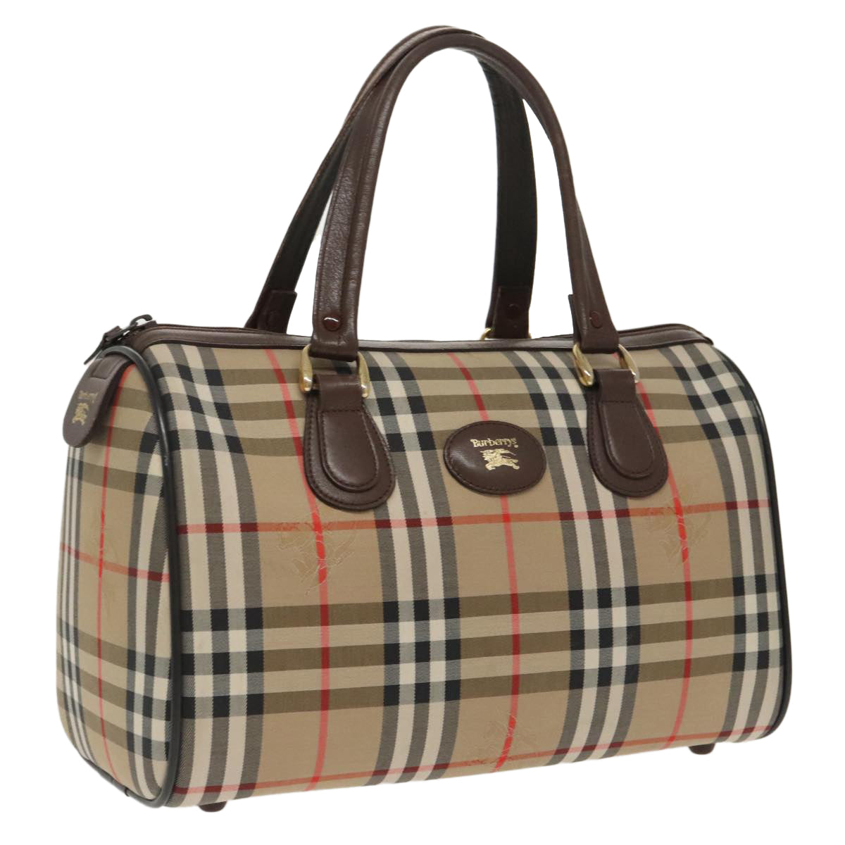 Burberrys Nova Check Boston Bag Canvas Beige Gold Auth mr658