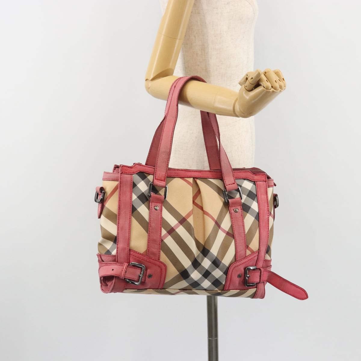 BURBERRY Nova Check Hand Bag PVC Leather 2way Beige Auth mr743