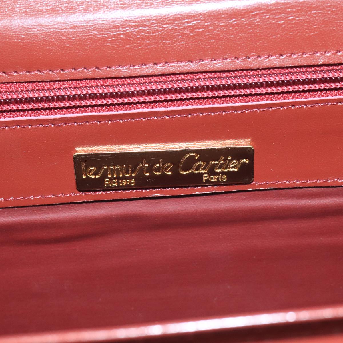 CARTIER Shoulder Bag Leather Bordeaux Gold Auth mr785