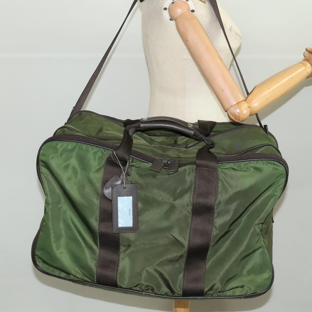 PRADA Boston Bag Nylon 2way Khaki Silver Auth mr830
