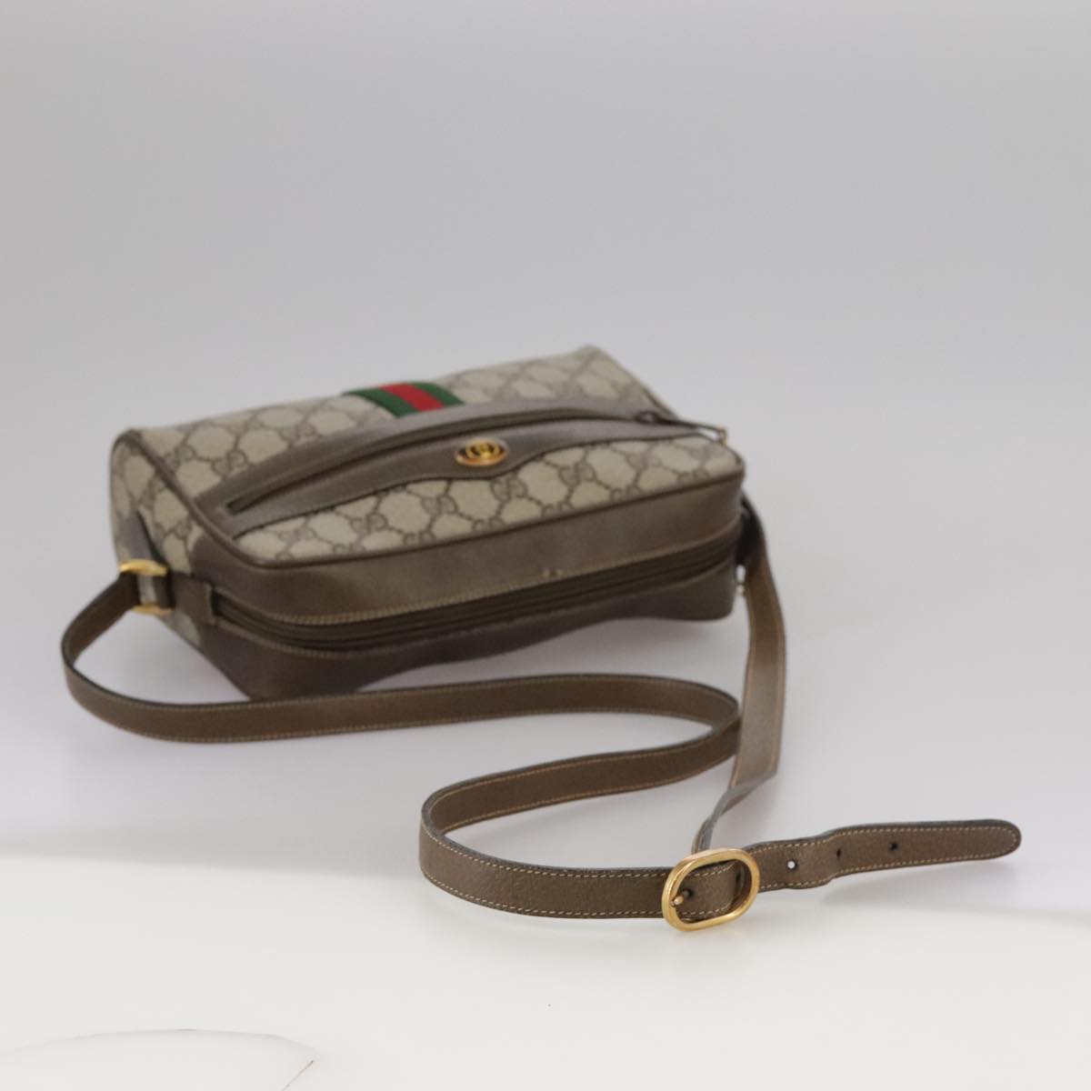 GUCCI Web Sherry Line GG Supreme Shoulder Bag PVC Beige Red Green Auth mr832