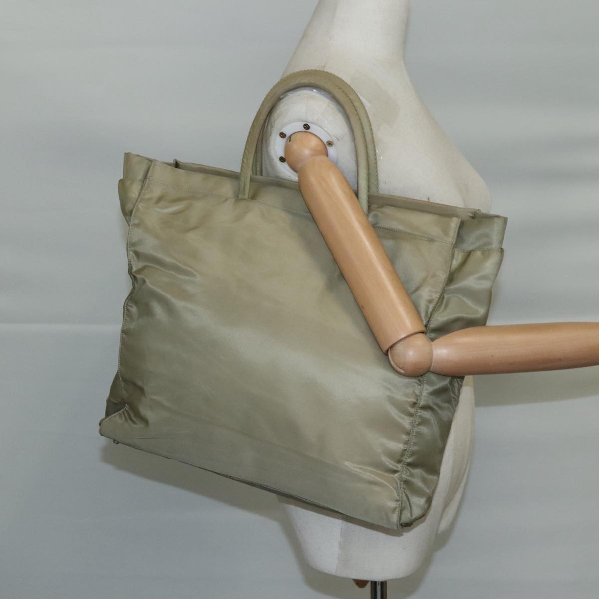 PRADA Tote Bag Nylon Beige Silver Auth mr836