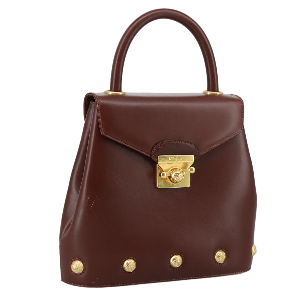 Salvatore Ferragamo Hand Bag Leather Brown Gold Auth mr885