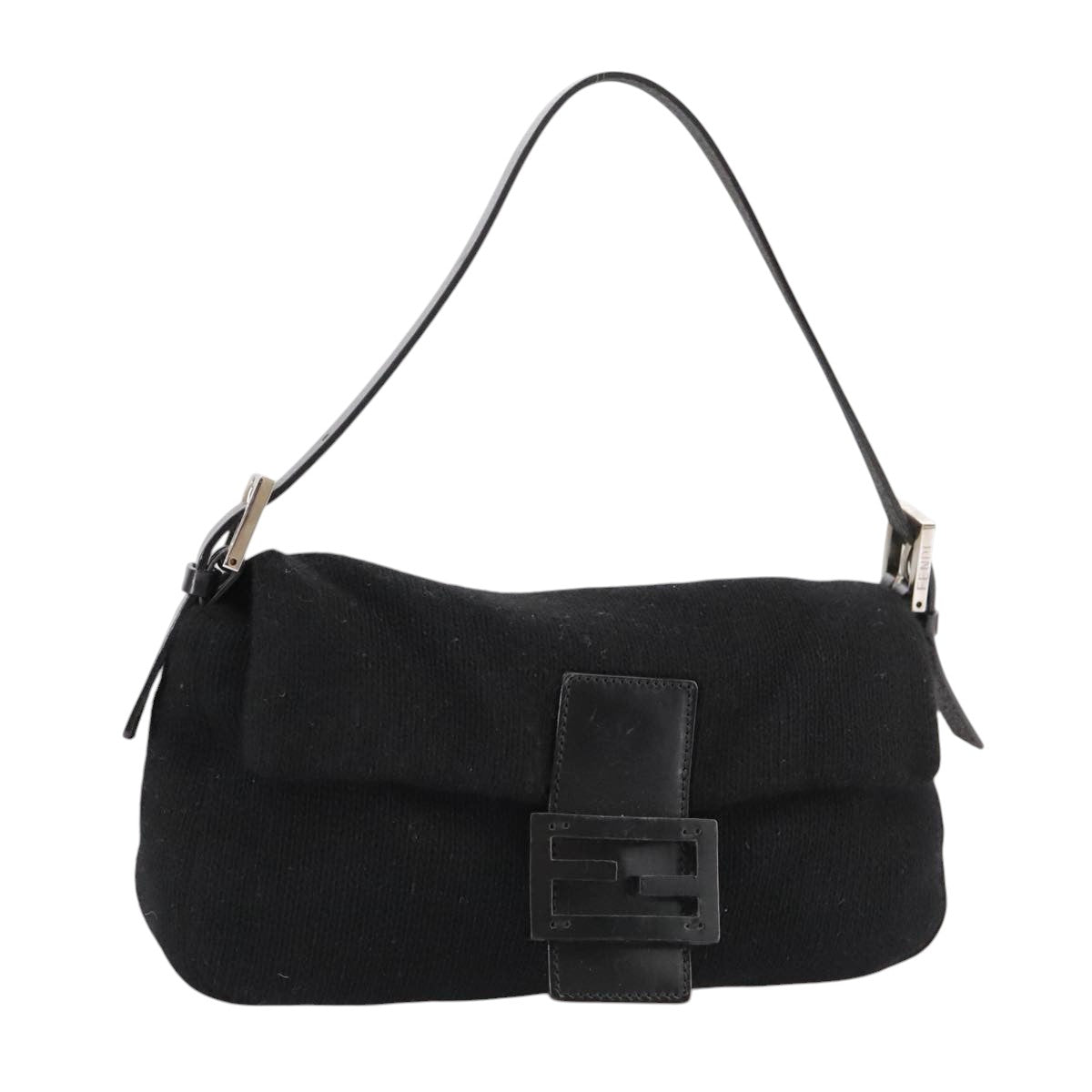 FENDI Mamma Baguette Shoulder Bag Knit Black Auth mr909A