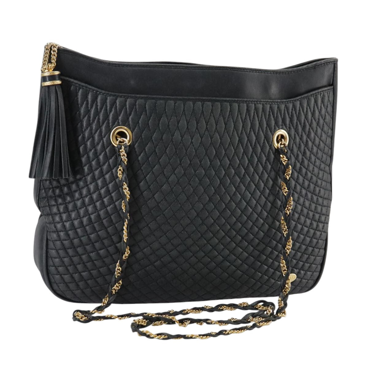 BALLY Chain Tote Bag Leather Black Gold Auth mr918