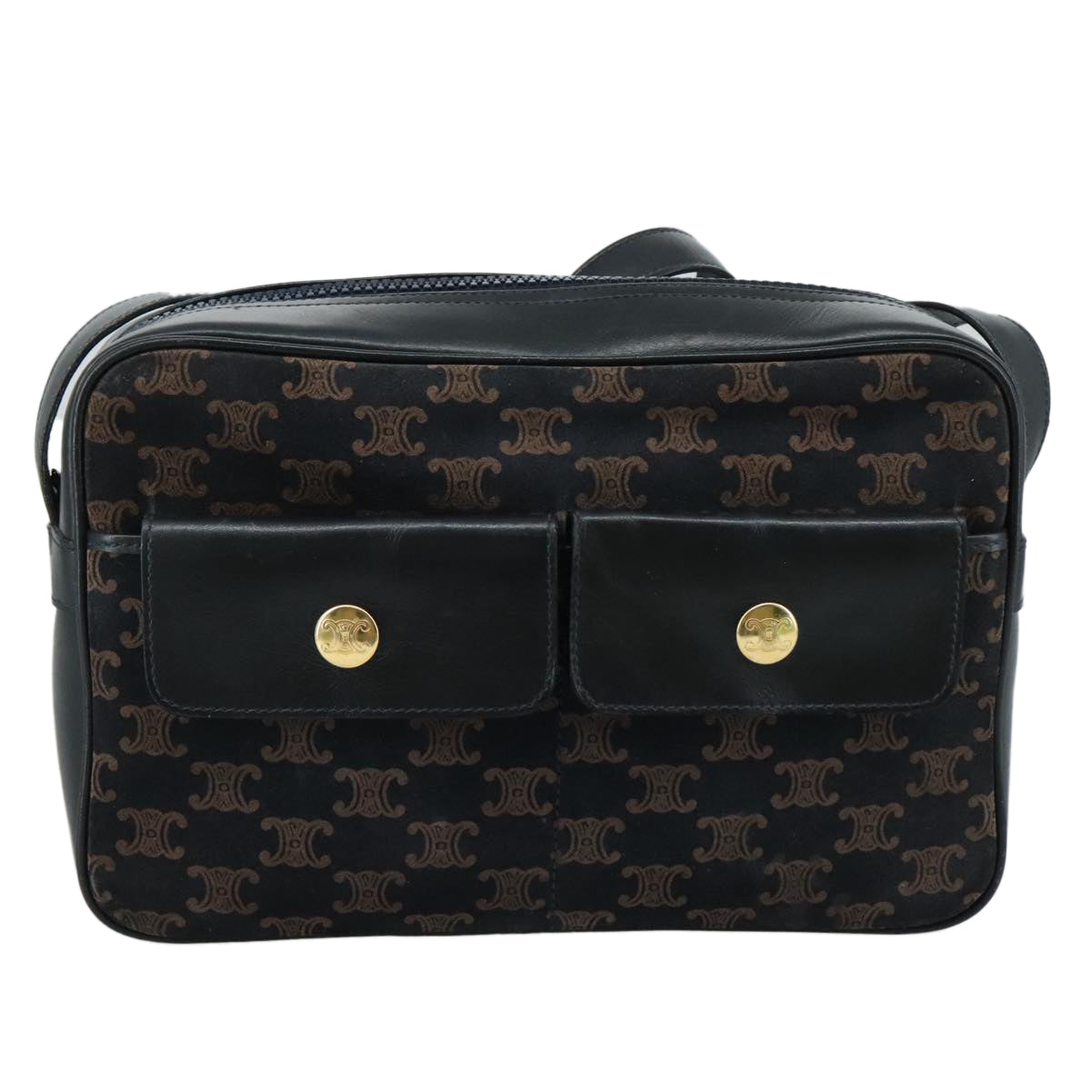 CELINE Macadam Canvas Shoulder Bag Suede Leather Navy Auth mr965