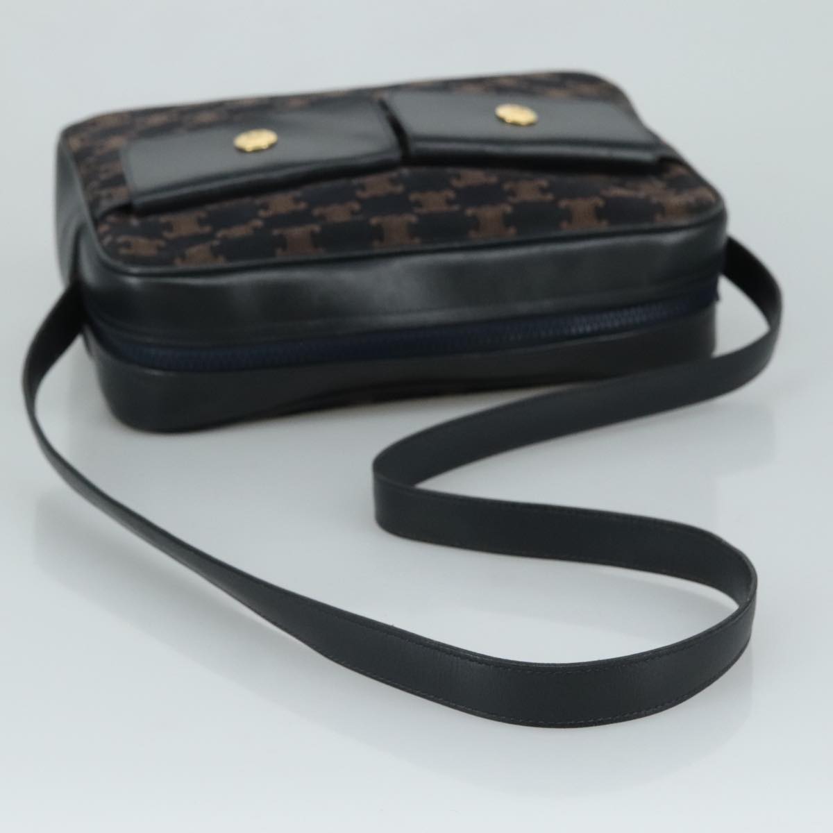 CELINE Macadam Canvas Shoulder Bag Suede Leather Navy Auth mr965