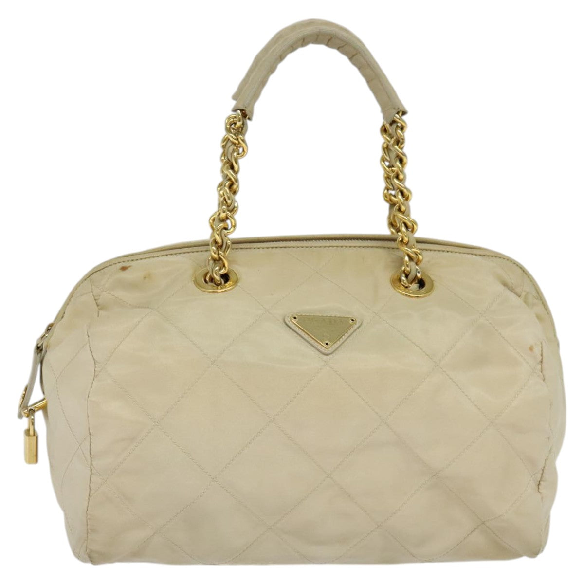PRADA Chain Hand Bag Nylon Beige Gold Auth mr979