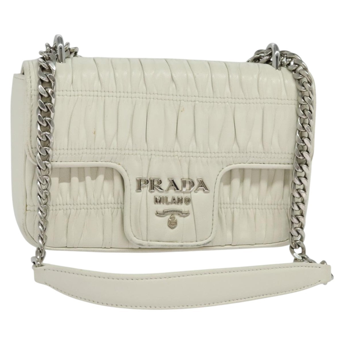 PRADA Gathered Chain Shoulder Bag Leather White Silver Auth mr992