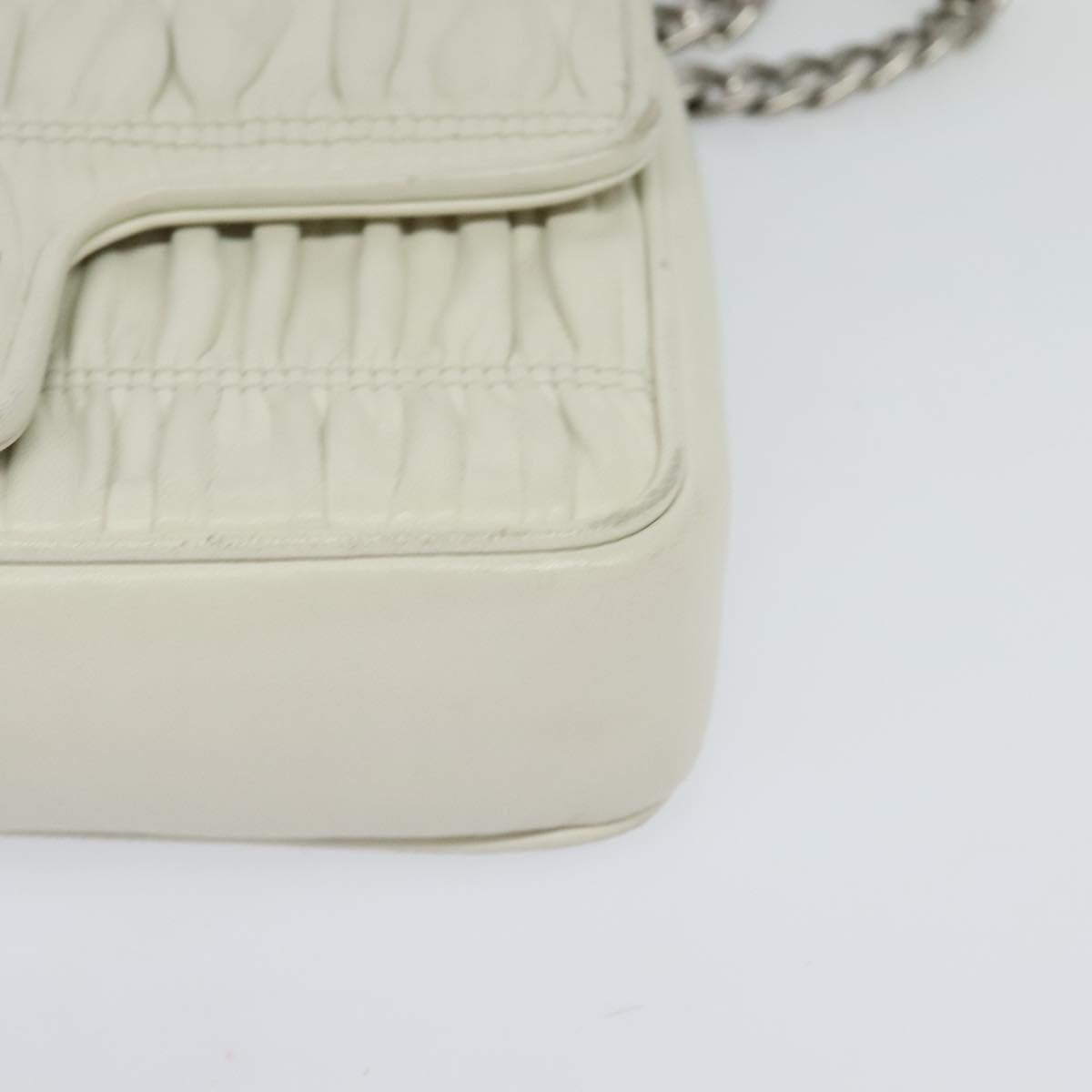 PRADA Gathered Chain Shoulder Bag Leather White Silver Auth mr992