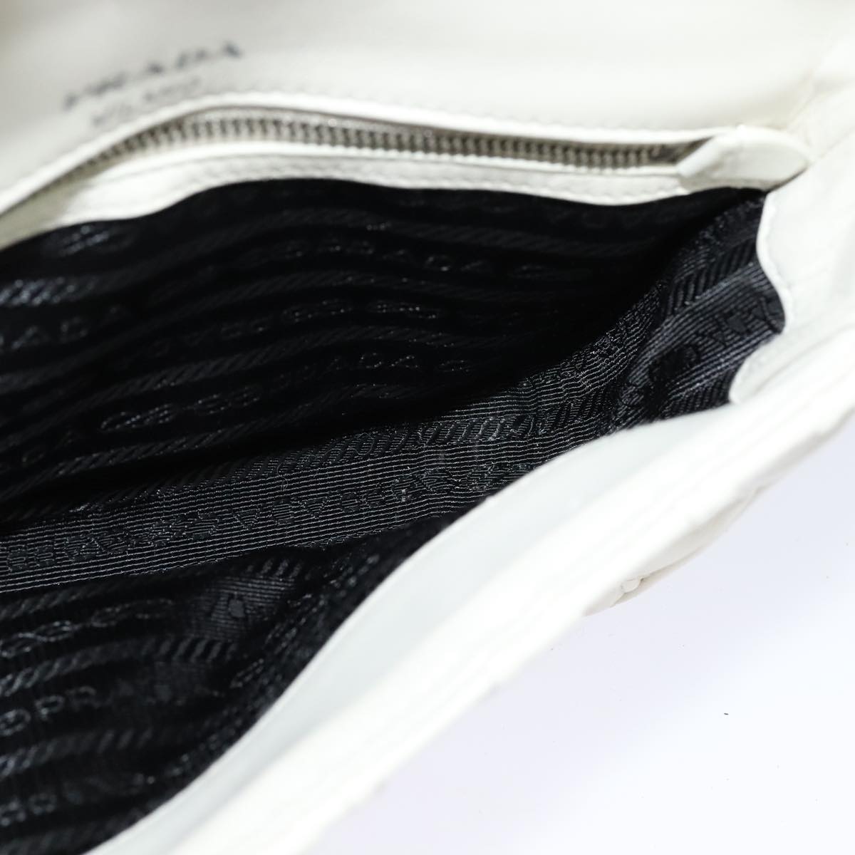 PRADA Gathered Chain Shoulder Bag Leather White Silver Auth mr992