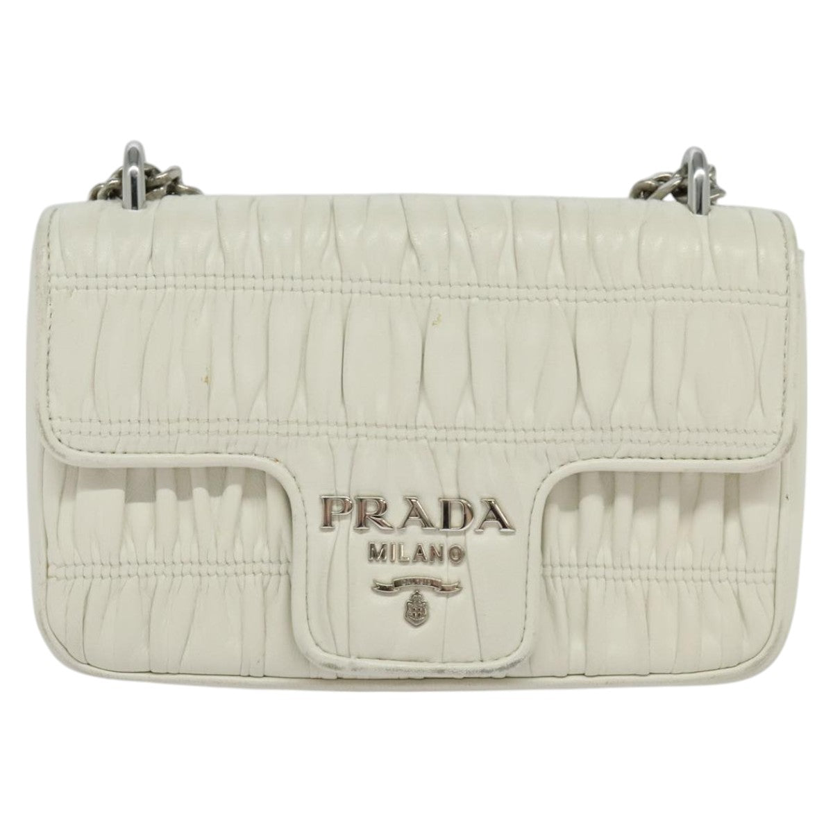 PRADA Gathered Chain Shoulder Bag Leather White Silver Auth mr992