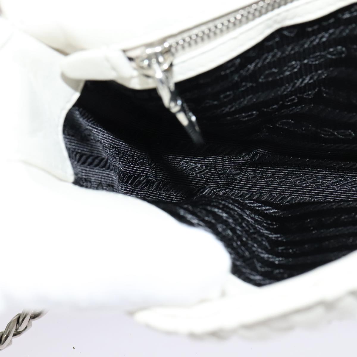 PRADA Gathered Chain Shoulder Bag Leather White Silver Auth mr992