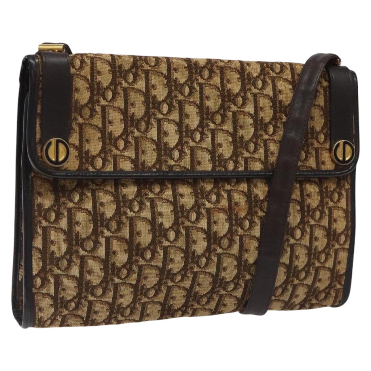 Christian Dior Trotter Canvas Shoulder Bag Brown Gold Auth MX090