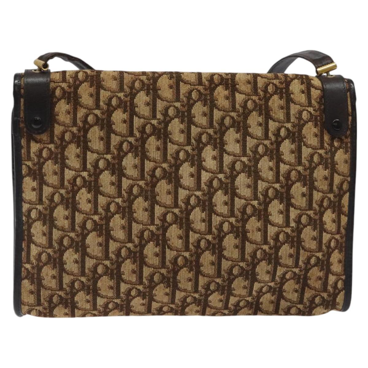 Christian Dior Trotter Canvas Shoulder Bag Brown Gold Auth MX090
