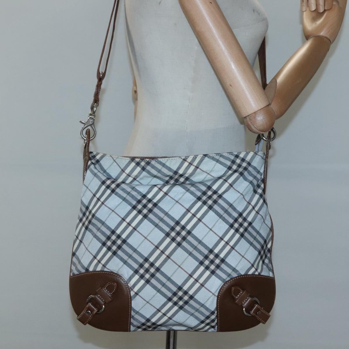 BURBERRY Nova Check Blue Label Shoulder Bag Nylon Light Blue Auth MX120