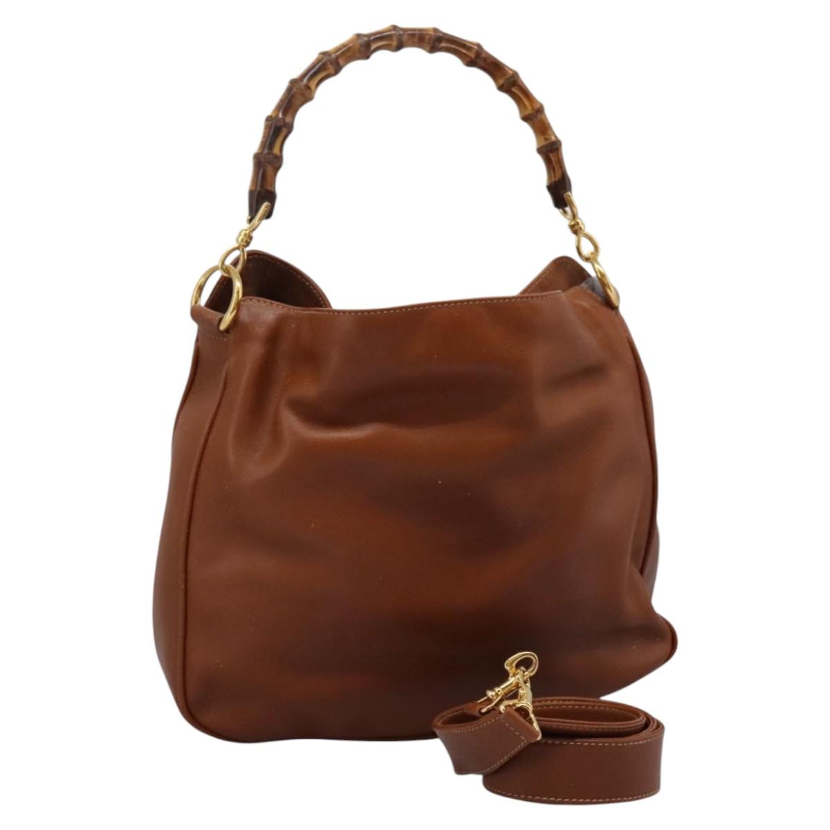 GUCCI Bamboo Hand Bag Leather 2way Brown Gold Auth MX203