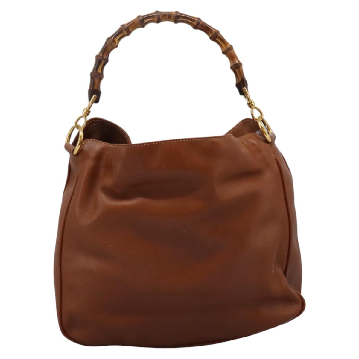 GUCCI Bamboo Hand Bag Leather 2way Brown Gold Auth MX203