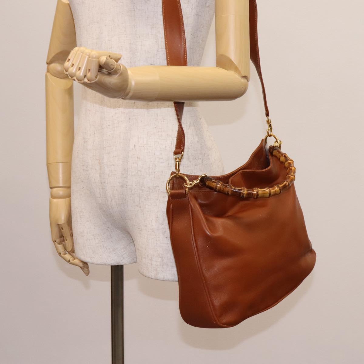 GUCCI Bamboo Hand Bag Leather 2way Brown Gold Auth MX203