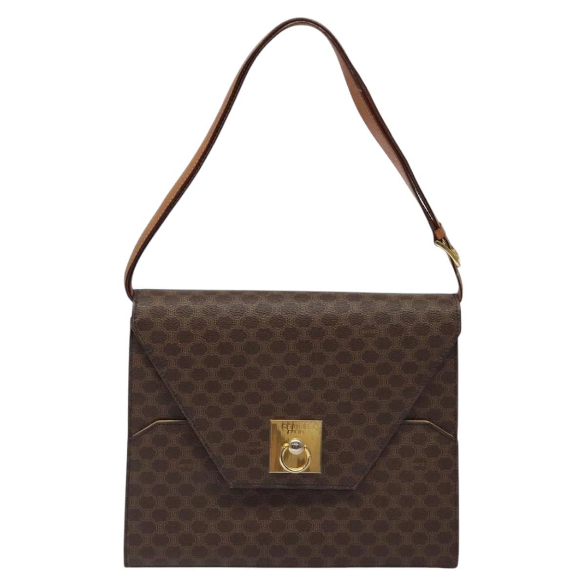 CELINE Macadam Canvas Shoulder Bag PVC Leather Brown Gold Auth MX221