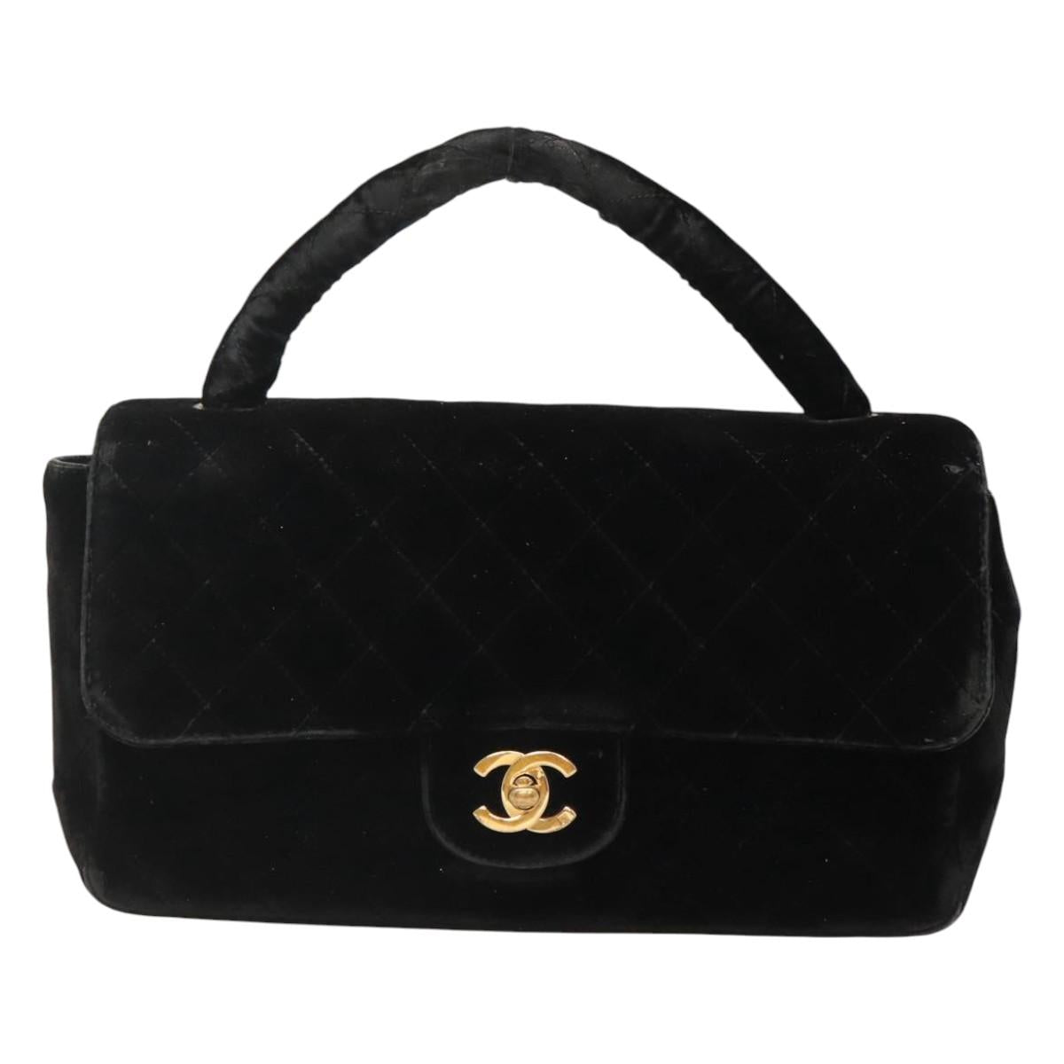 CHANEL Matelasse Hand Bag Velor Black Gold CC Auth MX239