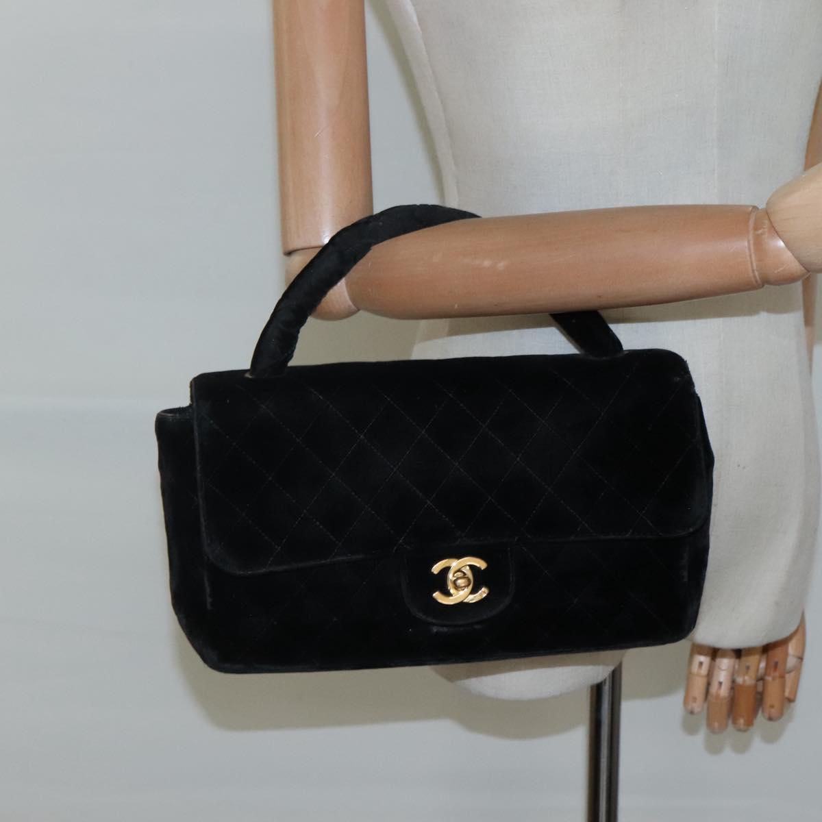 CHANEL Matelasse Hand Bag Velor Black Gold CC Auth MX239