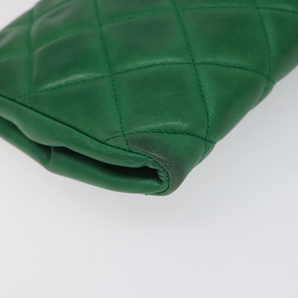CHANEL Matelasse Pouch Leather Green Gold CC Auth MX240