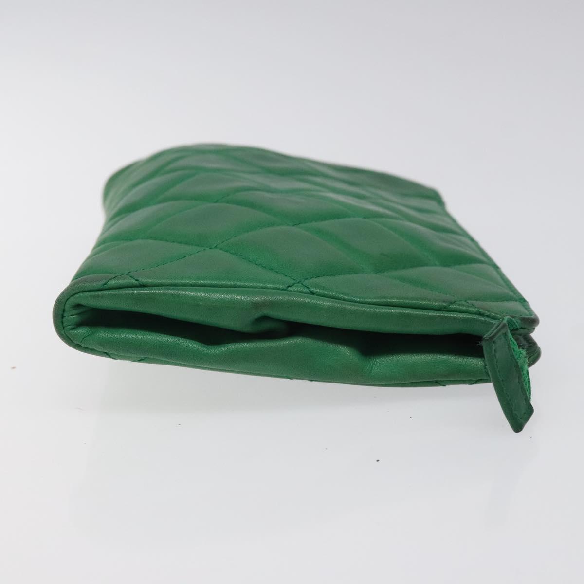 CHANEL Matelasse Pouch Leather Green Gold CC Auth MX240