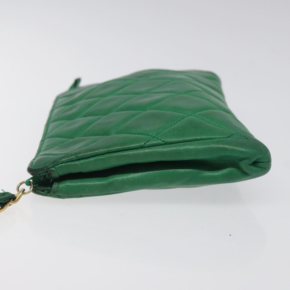 CHANEL Matelasse Pouch Leather Green Gold CC Auth MX240