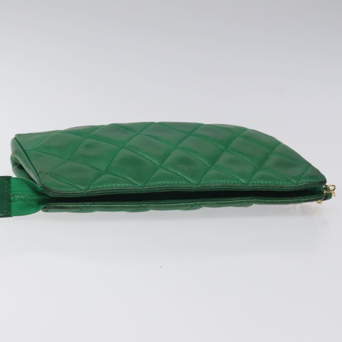 CHANEL Matelasse Pouch Leather Green Gold CC Auth MX240