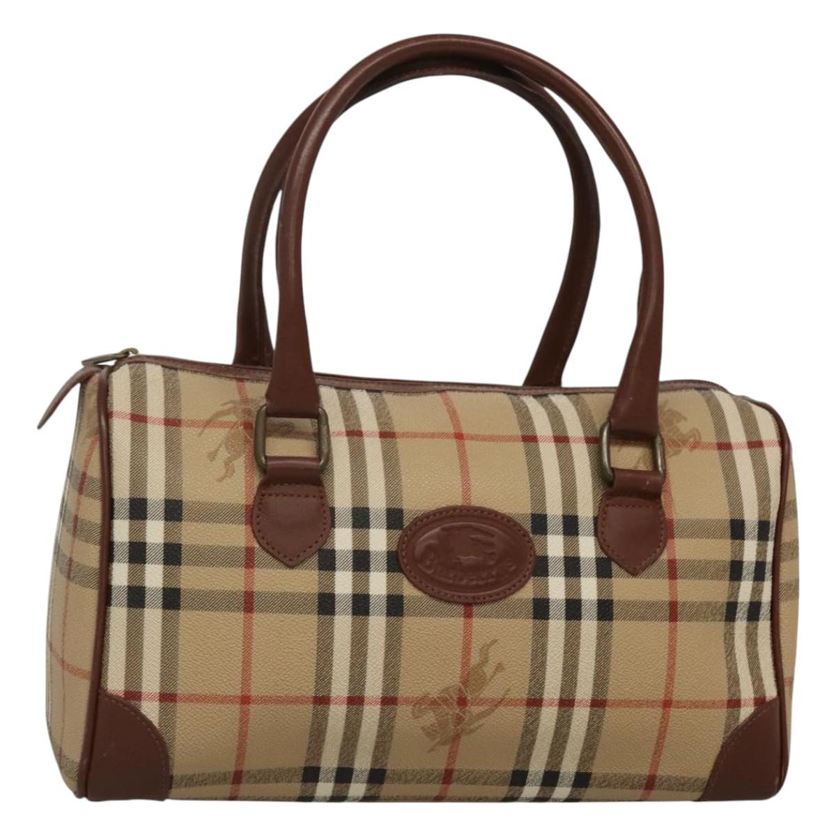 Burberrys Nova Check Boston Bag PVC Beige Gold Auth MX243