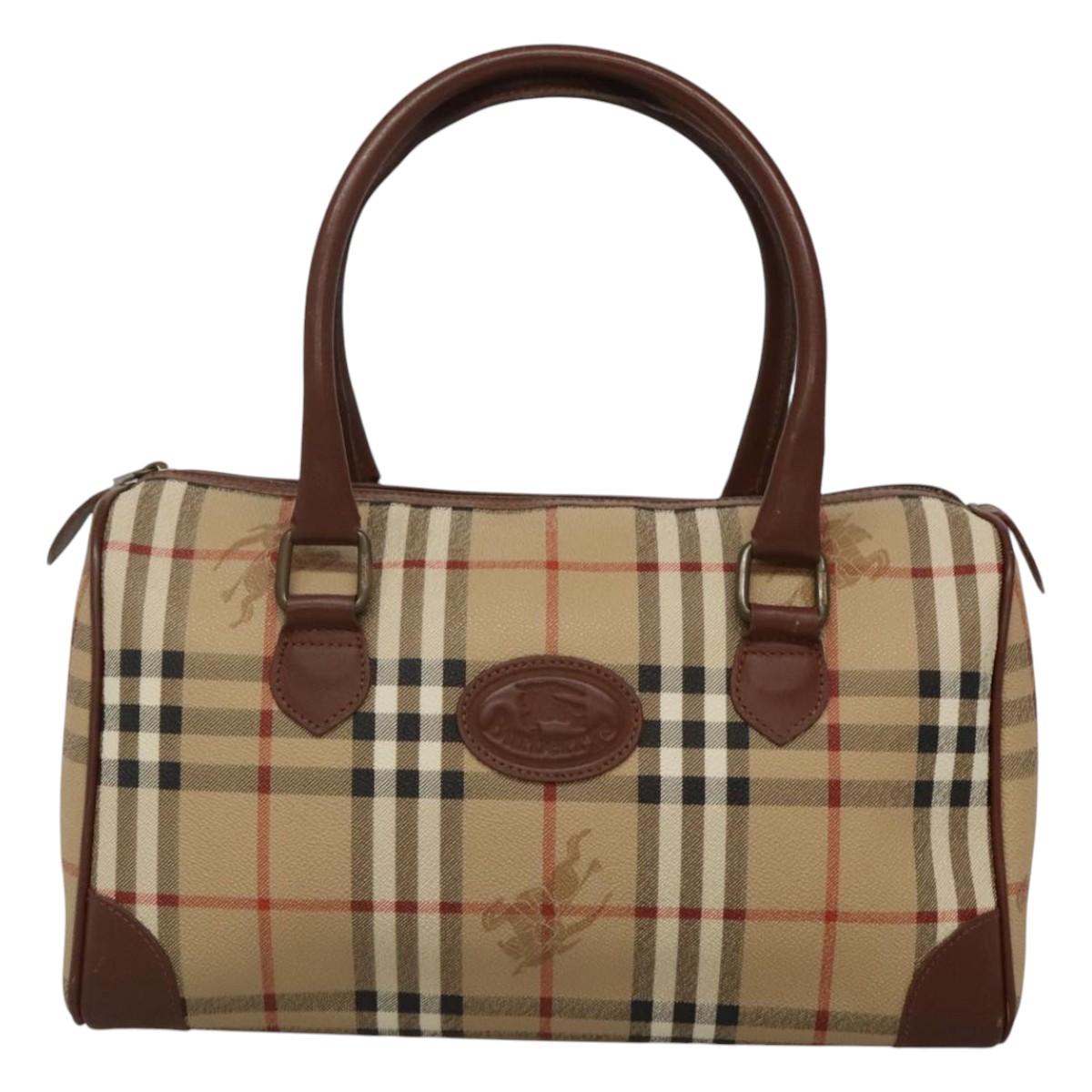 Burberrys Nova Check Boston Bag PVC Beige Gold Auth MX243