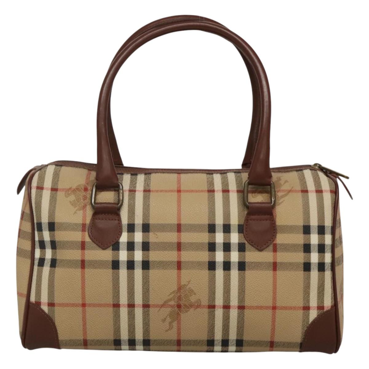 Burberrys Nova Check Boston Bag PVC Beige Gold Auth MX243
