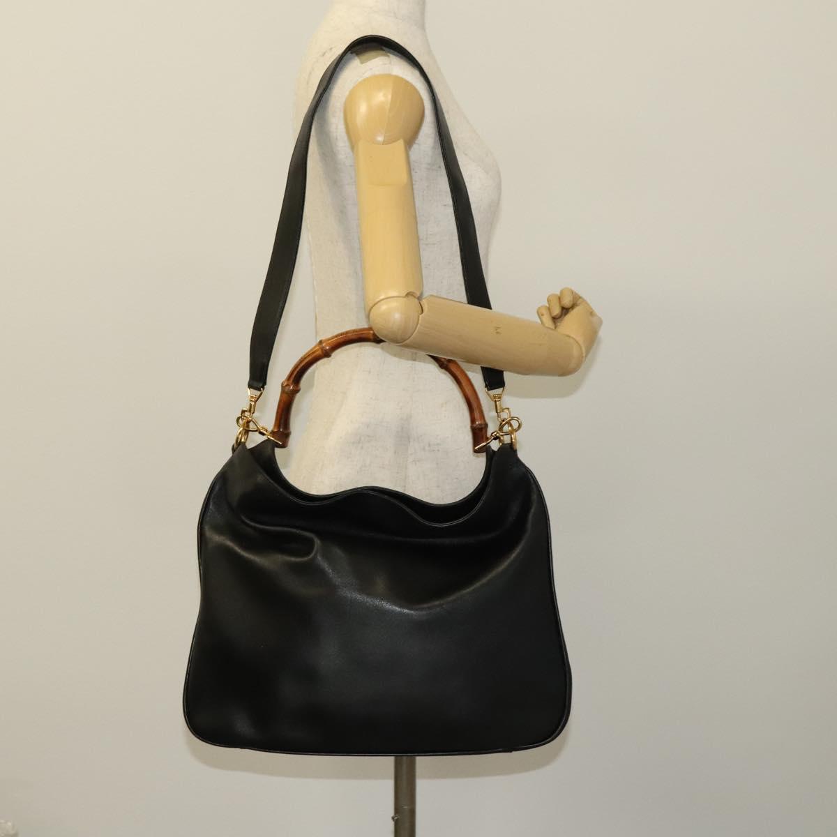 GUCCI Bamboo Shoulder Bag Leather 2way Black Gold 001 1577 Auth MX325