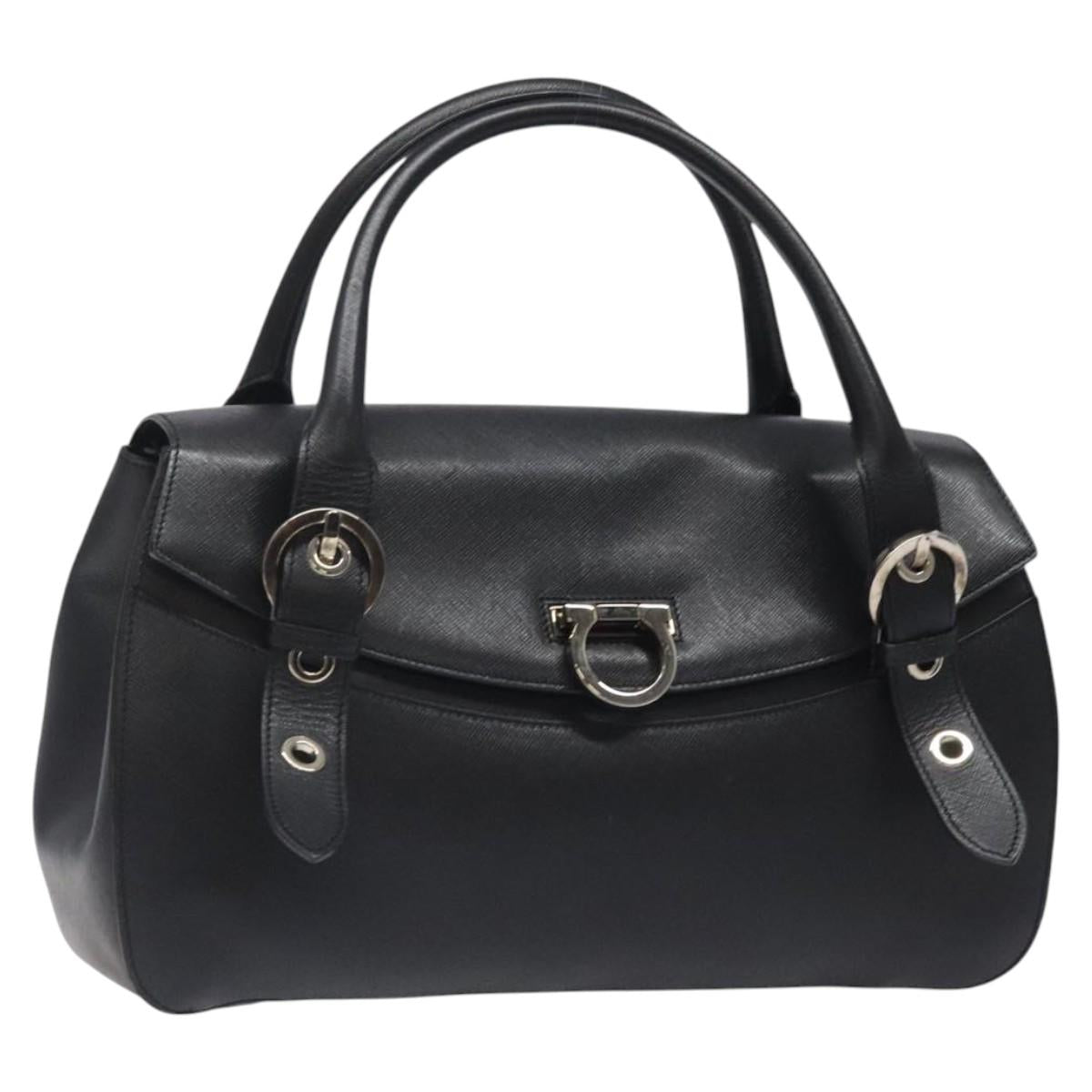 Salvatore Ferragamo Gancini Hand Bag Leather Black Silver Auth MX348