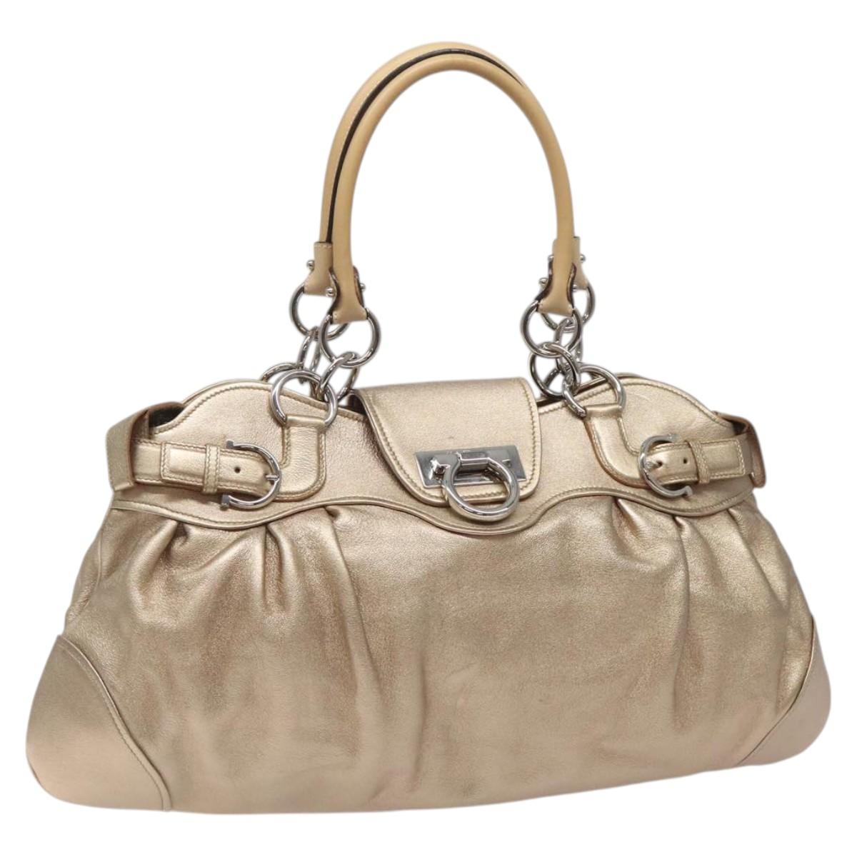 Salvatore Ferragamo Gancini Hand Bag Leather Gold Tone Silver Auth MX349