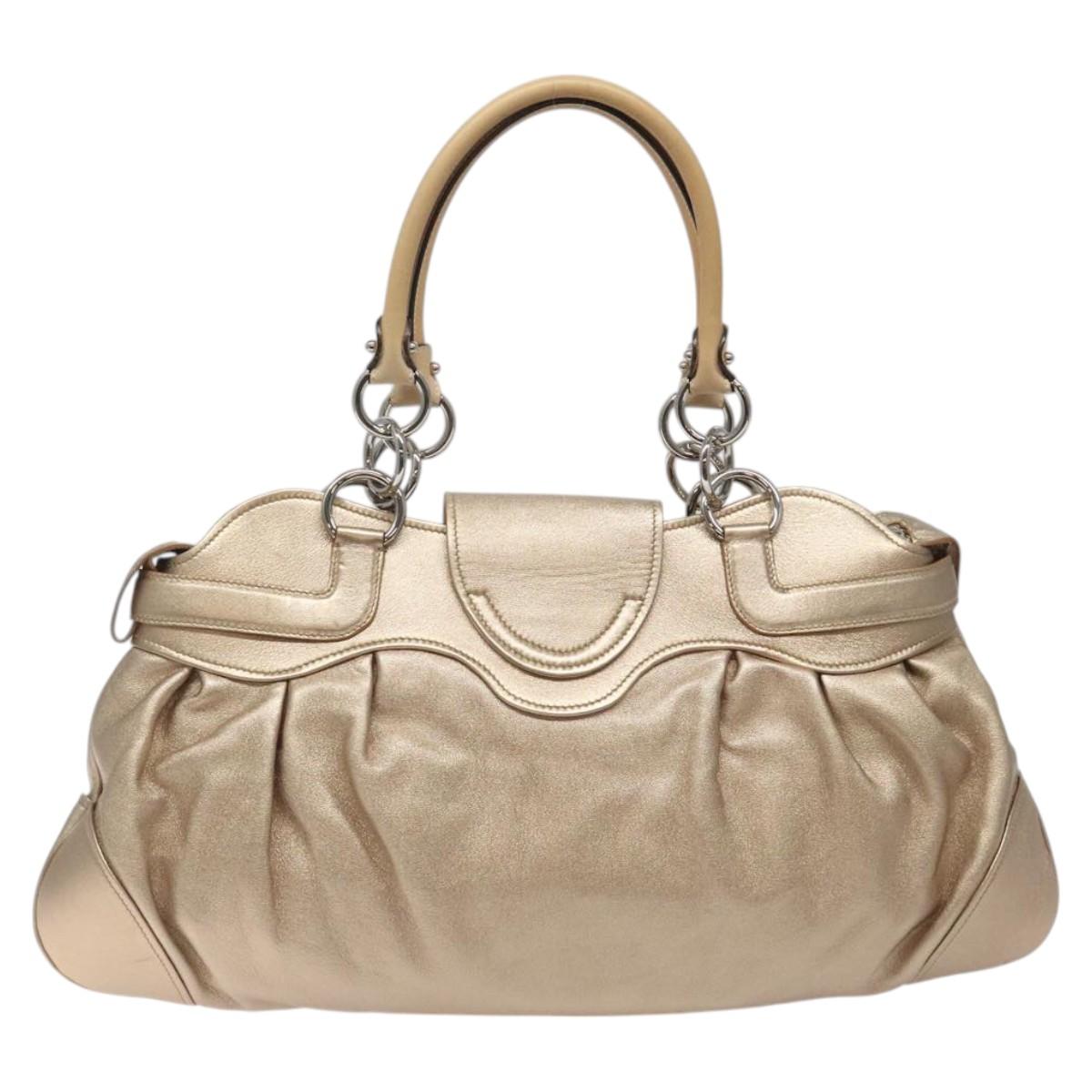 Salvatore Ferragamo Gancini Hand Bag Leather Gold Tone Silver Auth MX349