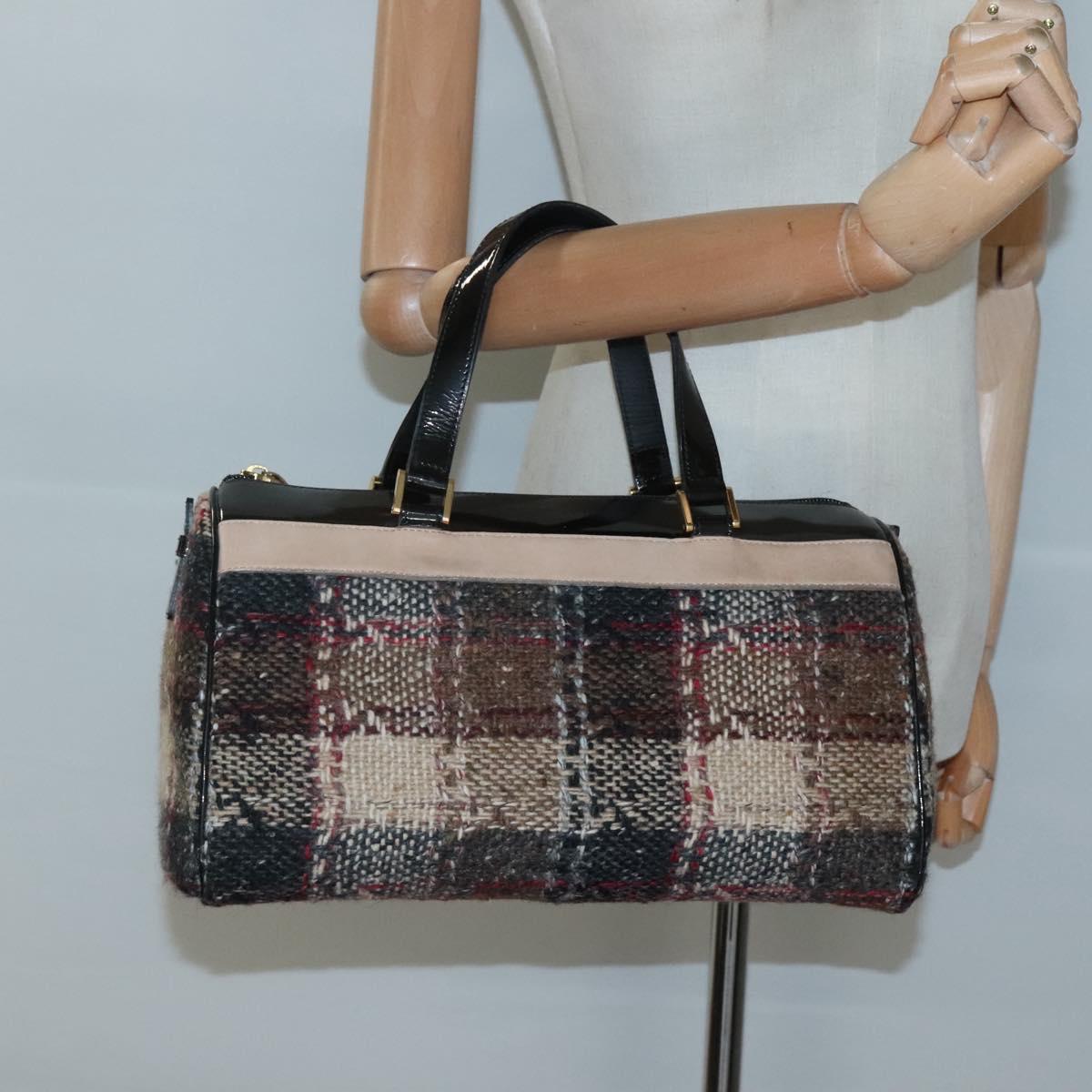 BURBERRY Nova Check Hand Bag Wool Beige Gold Auth MX350