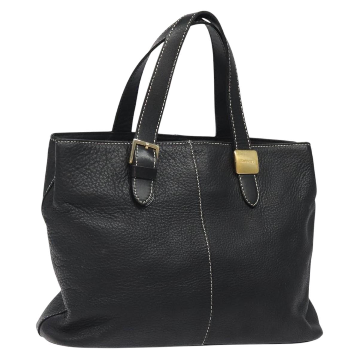 Burberrys Hand Bag Leather Black Gold Auth MX353