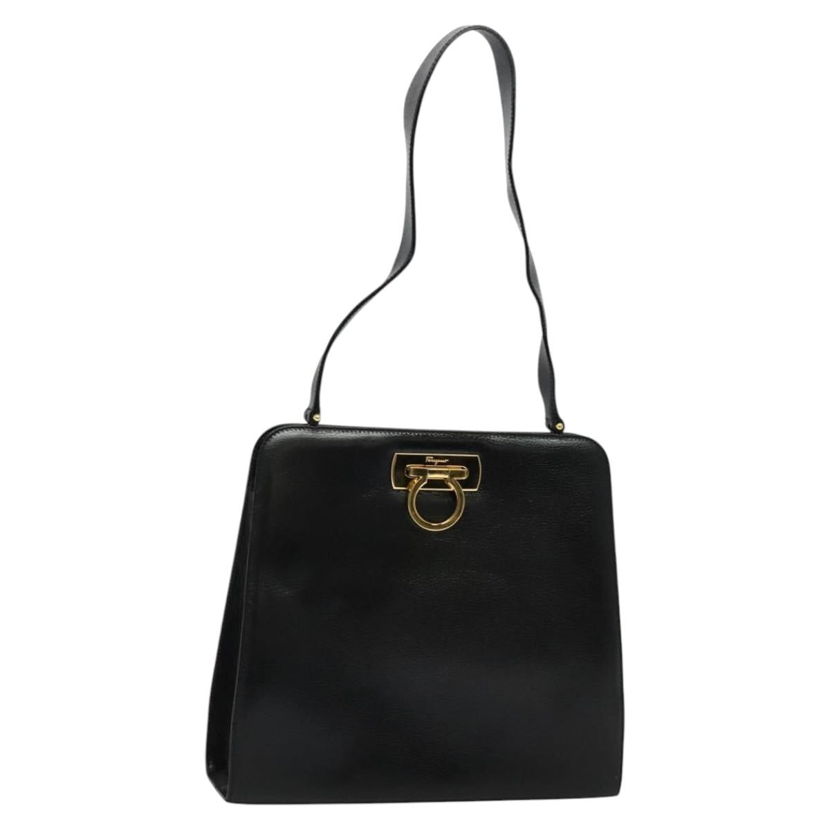 Salvatore Ferragamo Gancini Shoulder Bag Leather Black Gold Auth MX418