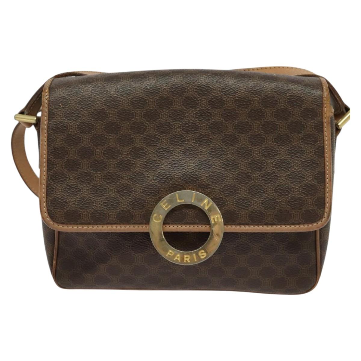 CELINE Macadam Canvas Circle Shoulder Bag PVC Leather Brown Gold Auth MX424