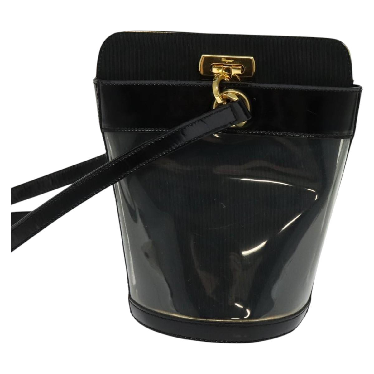 Salvatore Ferragamo Gancini Shoulder Bag Leather Vinyl Black Gold Auth MX425