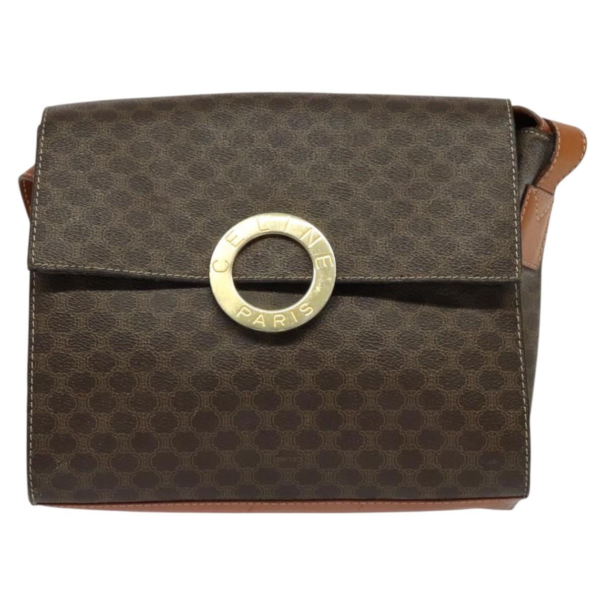 CELINE Macadam Canvas Circle Shoulder Bag PVC Leather Brown Gold Auth MX459