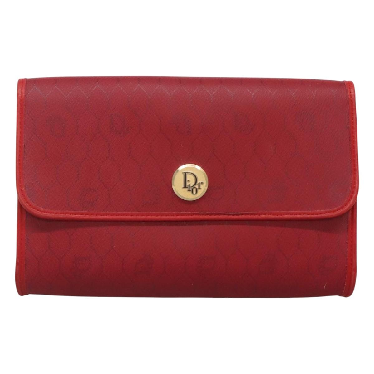 Christian Dior Honeycomb Canvas Chain Shoulder Bag PVC Red Gold Auth MX492