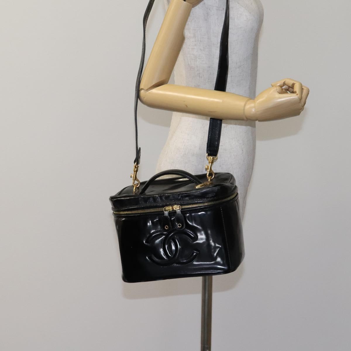 CHANEL Vanity Pouch Patent leather 2way Black Gold CC Auth MY059