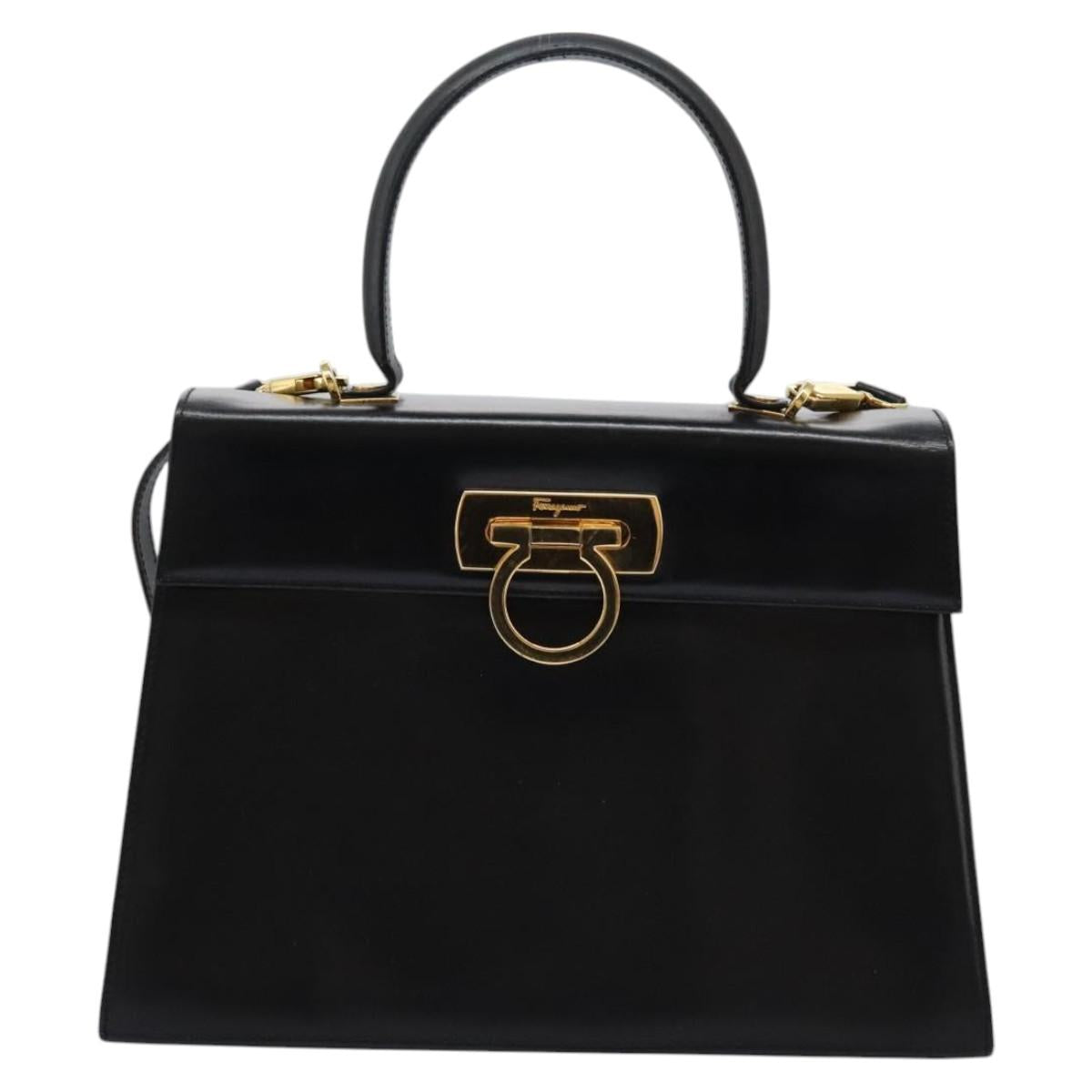Salvatore Ferragamo Gancini Hand Bag Leather 2way Black Gold Auth MY114
