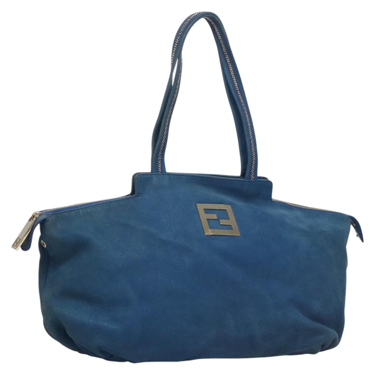 FENDI Tote Bag Leather Blue Gold Auth MY140
