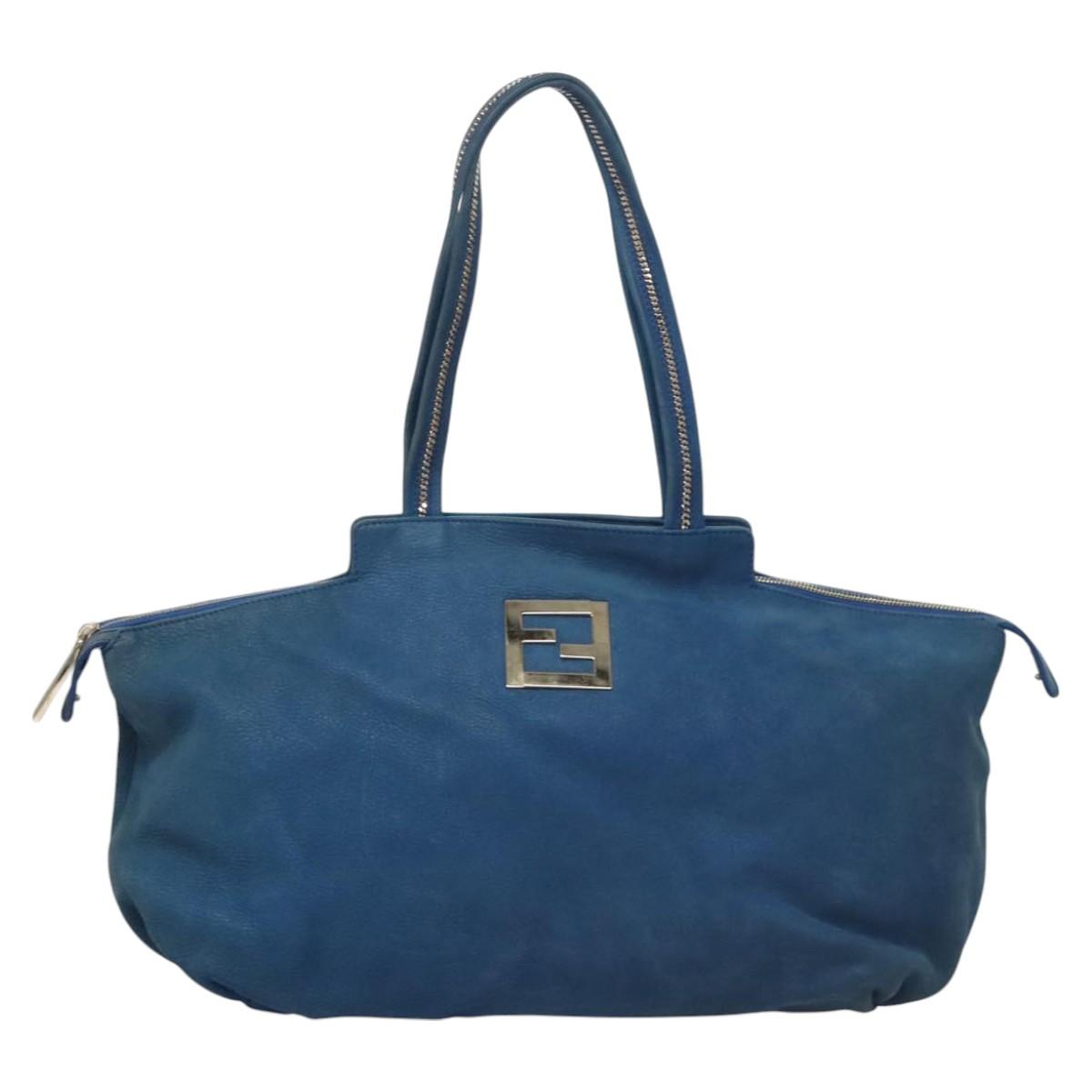 FENDI Tote Bag Leather Blue Gold Auth MY140